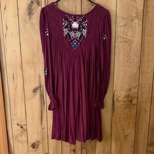Free People Plum Embroidered Long Sleeve Dress